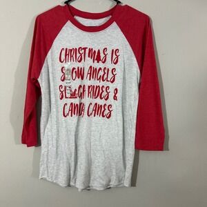 Texas True Threads Christmas Graphic Raglan Tee Shirt Small‎ Red Gray Angels